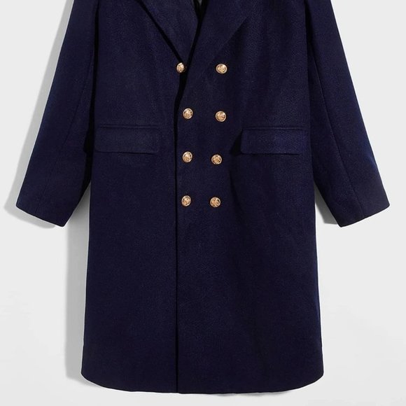 Casual Navy Blue Double Breasted Men's Overcoat - Picture 3 of 7